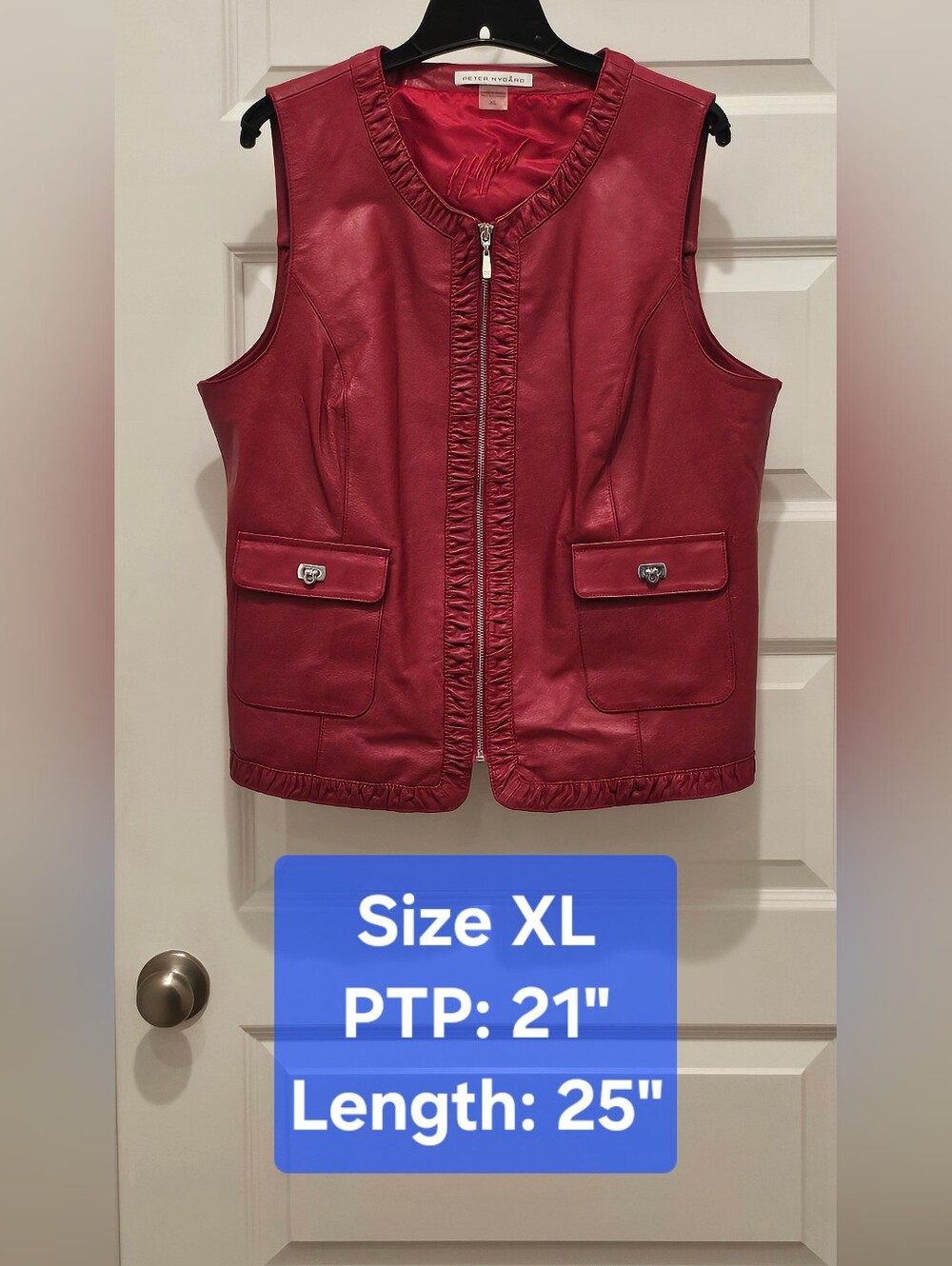 Vintage Peter Nygard Red Genuine Leather Zip Front Vest Size XL